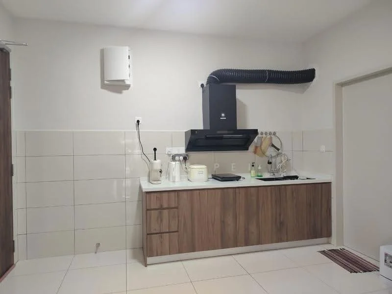 Kitchen features: white tiled walls, light grey tiled backsplash, wood cabinetry with flat-panel design, white countertop, stainless-steel sink, chrome pull-down faucet, built-in stove with range hood, kitchen utensils on countertop, wall-mounted air conditioning unit, floor tiles in cream color; style: modern.