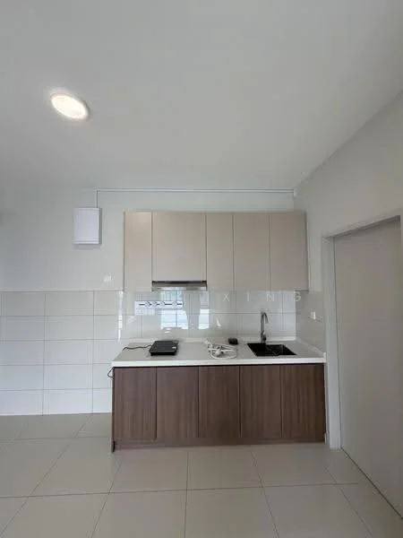 Kitchen features: white cabinetry with flat-panel doors, brown wood base cabinets, white countertop, single-bowl stainless-steel sink, chrome pull-down faucet, built-in stove, tile backsplash, ceramic tile flooring, recessed downlights, wall-mounted range hood; style: modern.