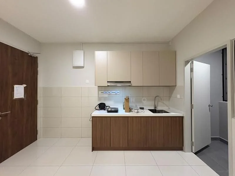 Kitchen features: white laminate cabinetry, wooden base cabinets, single-bowl stainless-steel sink, chrome pull-down faucet, white countertop, built-in stove, wall-mounted range hood, tile backsplash, white tiled flooring, recessed ceiling lights, door leading to hallway, kitchen appliances on counter; style: modern.