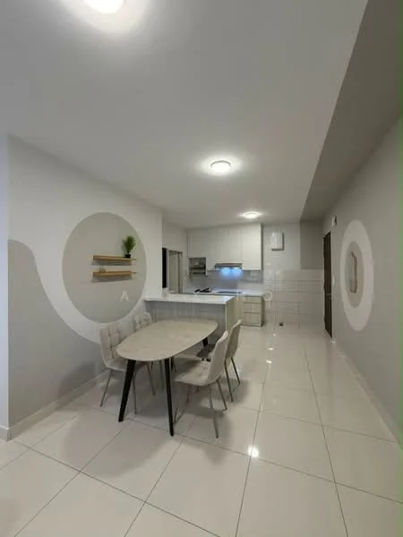Dining features: round dining table, 4 upholstered dining chairs, white walls, grey accent wall, recessed ceiling lights, tile flooring, open shelving with decorative plant, kitchen area visible in background, countertop with bar seating, modern cabinetry; style: modern.