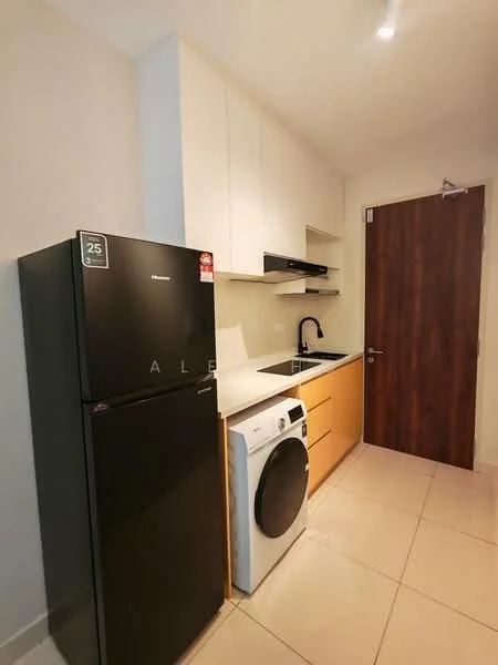 Kitchen features: black fridge, white washing machine, single-bowl stainless-steel sink, chrome pull-down faucet, white cabinetry, wooden lower cabinets, white countertop, tile flooring, recessed downlights; style: modern.