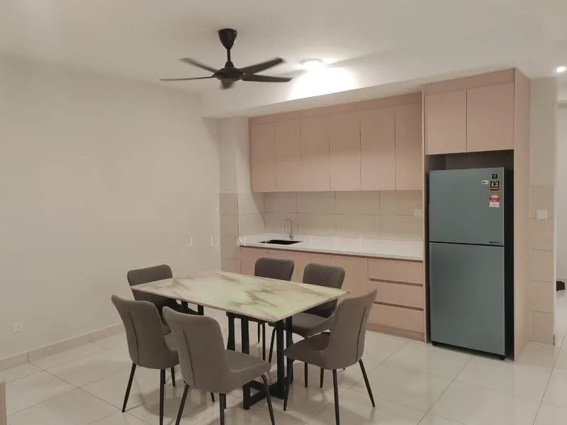 Kitchen features: light wood cabinetry, white countertop, stainless-steel sink, chrome faucet, built-in refrigerator in silver, 5-blade ceiling fan, tile flooring, neutral painted walls, dining table with marble top, 6 upholstered dining chairs; style: modern.