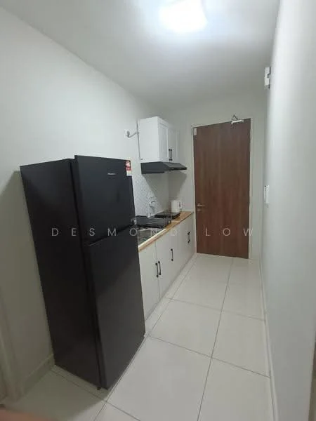 Kitchen features: black fridge, white cabinetry, wood countertop, ceramic tile flooring, white walls, single-bowl stainless-steel sink, chrome pull-down faucet, built-in microwave, wall-mounted shelf, door with wood finish, LED ceiling light; style: modern.