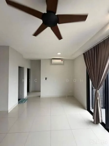 Living features: white painted walls, polished tile flooring, 5-blade ceiling fan with light, 1 wall-mounted split AC, floor-to-ceiling windows, sheer curtains, recessed downlights; style: modern.