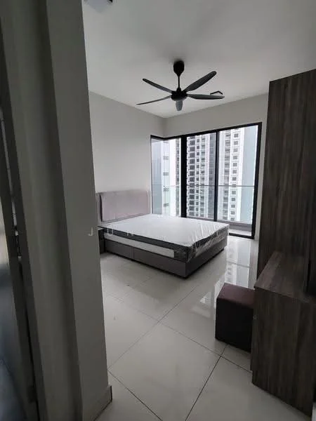 Bedroom features: queen-size bed, upholstered headboard, floor-to-ceiling windows, city view, 5-blade ceiling fan, white painted walls, glossy tile flooring, built-in wardrobe, nightstand, decorative wall panel; style: modern; view: city.