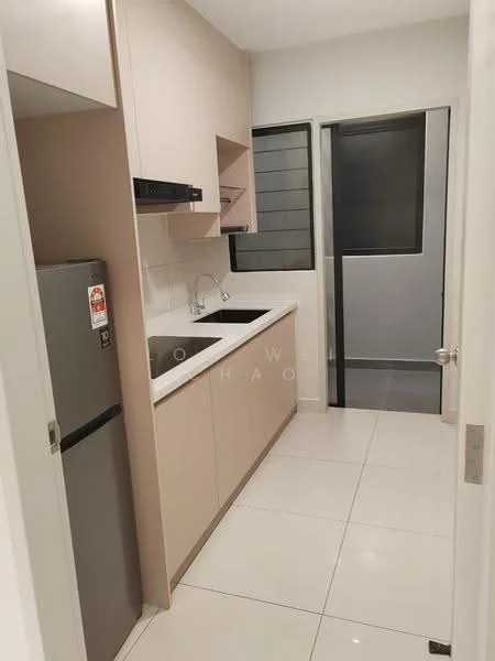Kitchen features: white cabinets, grey countertop, single-bowl stainless-steel sink, chrome pull-down faucet, built-in stove with exhaust hood, stainless-steel fridge, white tiled backsplash, ceramic tile flooring, window for natural light, door leading to outside area; style: modern.