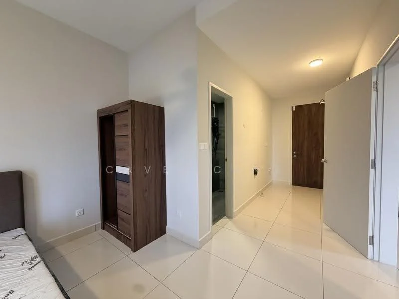 Room features: white painted walls, tile flooring, built-in wardrobe, doorway leading to bathroom, doorway leading to hallway, ceiling light fixture; style: modern.