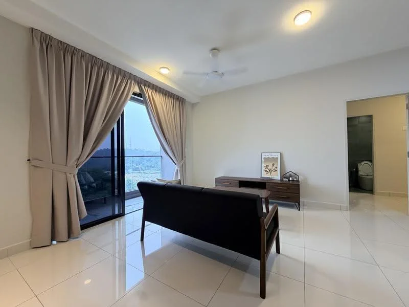Living features: white painted walls, glossy white tile flooring, 5-blade ceiling fan with light, floor-to-ceiling sliding glass door, curtains in beige, wooden console table, black 2-seater sofa, decorative wall art, natural light from balcony, view of outdoor space; style: modern; view: city. Room features: white painted walls, glossy white tile flooring, door leading to bathroom, neutral color scheme.