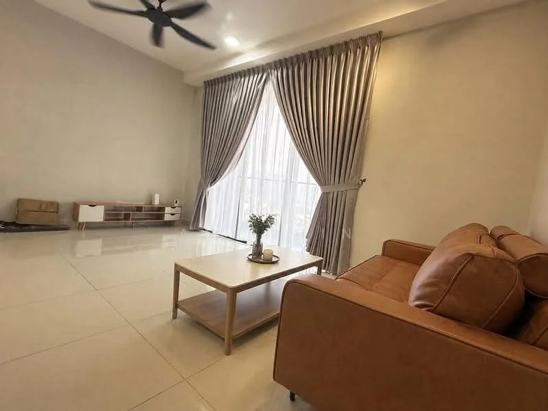 Living features: 3-seater leather sofa in brown, wooden coffee table, floor-to-ceiling windows, sheer curtains, grey accent wall, white painted walls, polished ceramic tile flooring, ceiling fan; style: modern.