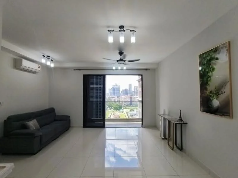 Living features: grey fabric sofa, 1 decorative cushion, white tiled flooring, ceiling fan with light, recessed LED downlights, floor-to-ceiling windows, blackout curtains, glass coffee table, decorative wall art, console table, city skyline view; style: modern; view: city.