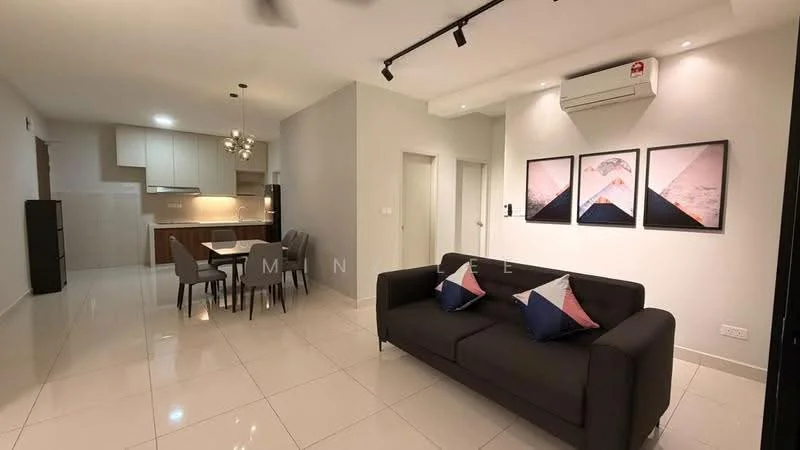 Living features: 3-seater fabric sofa in dark grey, decorative cushions in blue and pink, white walls, recessed downlights, floor-to-ceiling windows, marble tile flooring, ceiling-mounted air conditioning unit, wall-mounted TV, coffee table, area rug with geometric pattern; style: modern. Dining features: 4-seater dining table, grey upholstered dining chairs, pendant light above dining table; style: modern. Kitchen features: white cabinetry, stainless-steel appliances, granite countertop, built-in oven, induction hob, kitchen island, backsplash with tile cladding; style: modern.