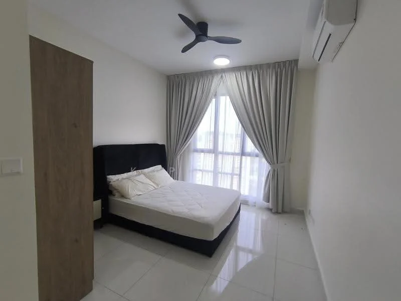 Bedroom features: queen-size bed with upholstered headboard, white bedding, floor-to-ceiling windows, sheer curtains, light grey walls, white tiled flooring, 5-blade ceiling fan, wall-mounted split AC, built-in wardrobe with wood finish, recessed ceiling light; style: modern; view: city.