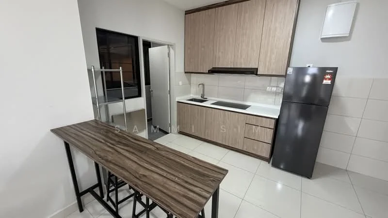 Kitchen features: wood cabinetry, stainless-steel sink, chrome pull-down faucet, black countertop, built-in stove, refrigerator, tile backsplash, ceramic tile flooring, open shelving, breakfast bar with stools, wall-mounted extractor hood; style: modern.