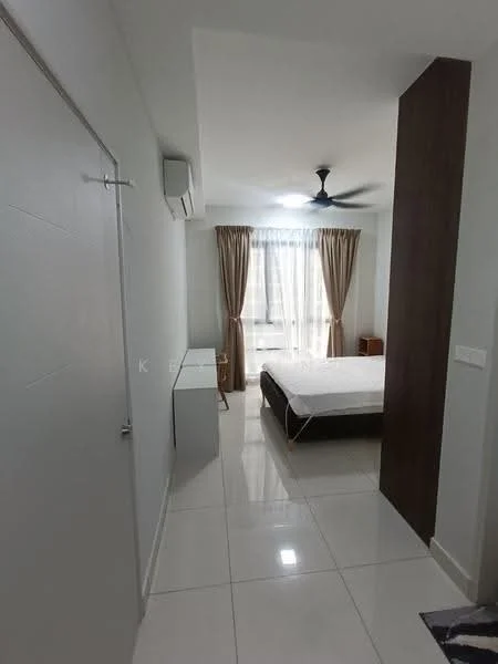 Bedroom features: white painted walls, glossy tile flooring, 5-blade ceiling fan with light, floor-to-ceiling windows, sheer curtains, brown wooden bed frame, white bedding, white bedside table, wall-mounted air conditioning unit; style: modern.
