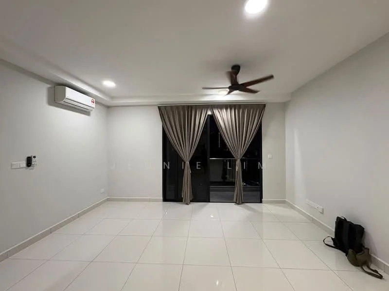Living features: white painted walls, glossy white tile flooring, 5-blade ceiling fan, floor-to-ceiling glass sliding doors, sheer curtains, blackout curtains, wall-mounted air conditioning unit, recessed lighting; style: modern.