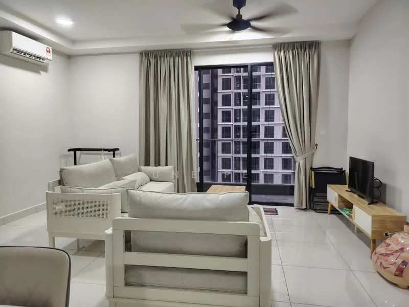Living features: 2-seater fabric sofa in light grey, 3-seater fabric sofa in light grey, ceiling fan with light, floor-to-ceiling windows, sliding glass door, curtains in beige, white painted walls, tile flooring, TV console in light wood, wall-mounted TV, coffee table, area rug with geometric pattern, air conditioning unit on wall; style: modern; view: city.