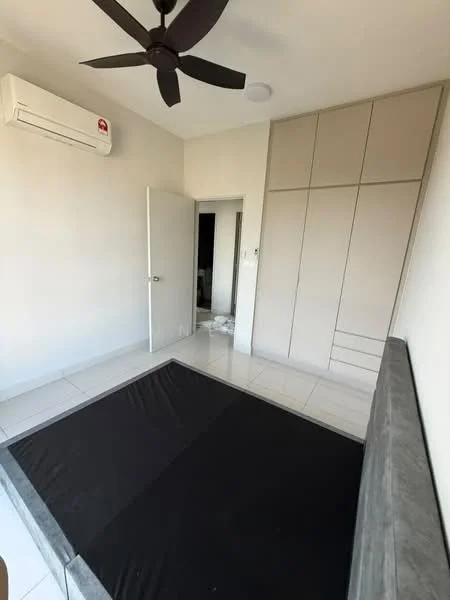 Bedroom features: white painted walls, glossy tile flooring, 5-blade ceiling fan, wall-mounted split AC, built-in wardrobe with sliding doors, queen-size bed frame, door leading to hallway, natural light from window; style: modern.