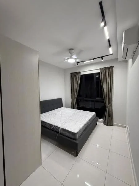 Bedroom features: queen-size bed frame, white walls, recessed downlights, 5-blade ceiling fan, floor-to-ceiling window, grey curtains, white tiled flooring, built-in wardrobe; style: modern.