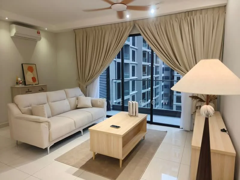 Living features: 3-seater fabric sofa in cream, wood coffee table, area rug with neutral color, floor-to-ceiling windows, sheer curtains, wall-mounted split AC, ceiling fan with light, decorative lamp, light-colored walls, glossy tile flooring; style: modern; view: courtyard.