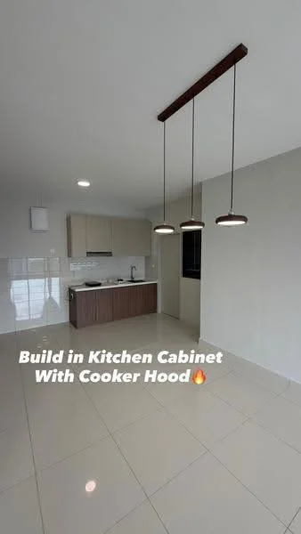 Kitchen features: built-in kitchen cabinet, white countertop, stainless-steel sink, chrome pull-down faucet, cooktop with cooker hood, light fixtures with pendant lamps, ceramic tile flooring, white painted walls, recessed ceiling lights; style: modern.