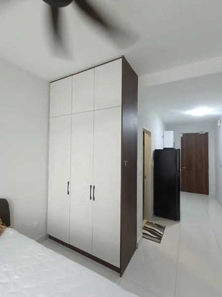 Room features: white walls, tile flooring, built-in wardrobe with white and dark wood finish, ceiling fan, door to hallway, black fridge, area rug, light fixture; style: modern.