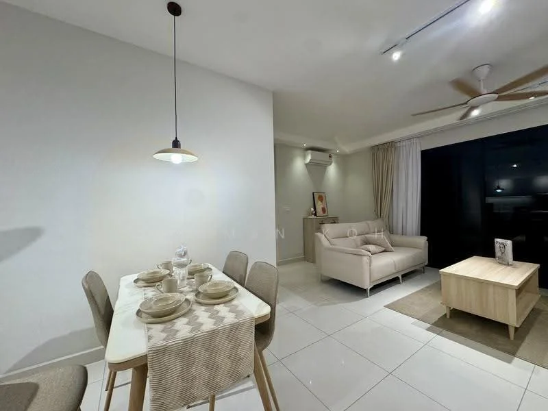 Living features: 3-seater fabric sofa in light beige, coffee table in light wood, area rug in neutral tones, floor-to-ceiling windows with sheer curtains, ceiling fan with light, recessed LED downlights, wall-mounted air conditioning unit, decorative wall art, light-colored walls, tile flooring; style: modern. Dining features: 4-seater dining table in light wood, beige upholstered dining chairs, table setting with plates and cutlery, pendant lamp above the table, neutral-colored table runner; style: modern.