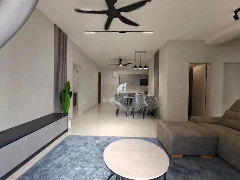 Living features: light grey painted walls, white ceiling, 5-blade ceiling fan with light, recessed LED downlights, large sectional sofa in beige, coffee table with round top, area rug in blue, TV console with storage, floor-to-ceiling windows, decorative indoor plant, dining area visible in background, open layout; style: modern. Dining features: 6-seater dining table, transparent dining chairs, pendant lighting above dining table; style: modern.