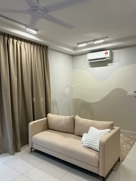 Living features: 3-seater fabric sofa in beige, white throw pillow with stripes, light grey painted walls, curtains in beige, recessed LED downlights, wall-mounted split AC, ceiling fan, tile flooring in white, decorative wall design; style: modern.