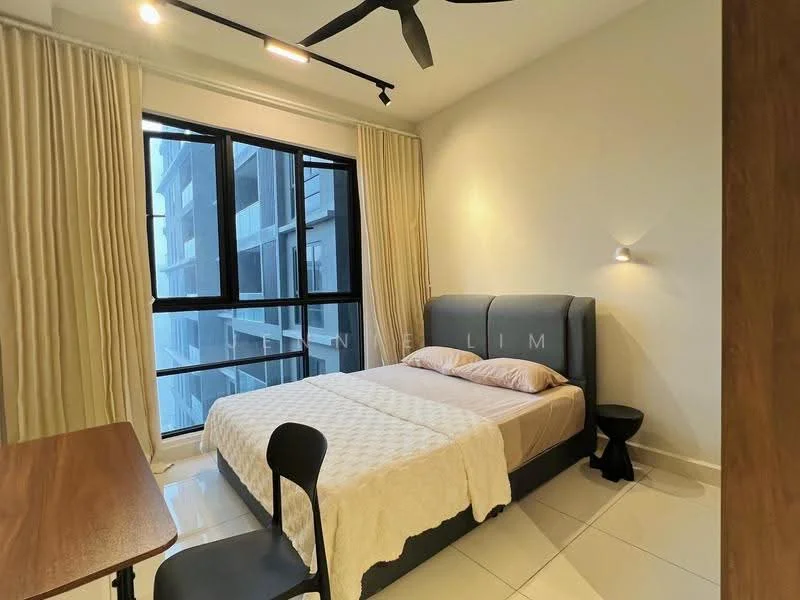 Bedroom features: king-size bed with upholstered headboard, white bedding, two bedside lamps, black bedside table, study desk with wooden surface, black chair, floor-to-ceiling windows, sheer curtains, white painted walls, tile flooring, ceiling fan with light; style: modern; view: city.