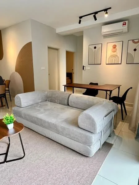 Living features: 3-seater fabric sofa in grey, coffee table, area rug, wall-mounted split AC, recessed downlights, decorative wall art, dining table, black dining chairs, cream painted walls, tile flooring; style: modern.