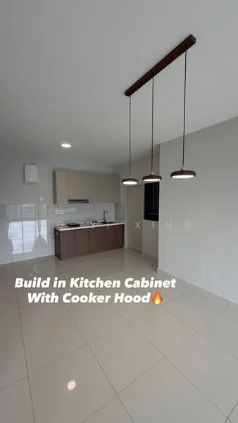 Kitchen features: built-in kitchen cabinet, stainless-steel cooker hood, white walls, light grey cabinetry, marble tile flooring, pendant lighting, open layout, window for natural light; style: modern.