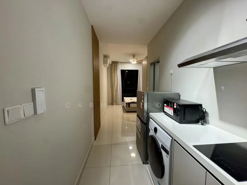 Room features: white painted walls, glossy tile flooring, recessed downlights, wall-mounted split AC, 5-blade ceiling fan, stainless-steel fridge, built-in oven, microwave, front-load washing machine, kitchen countertop, kitchen cabinetry; style: modern.