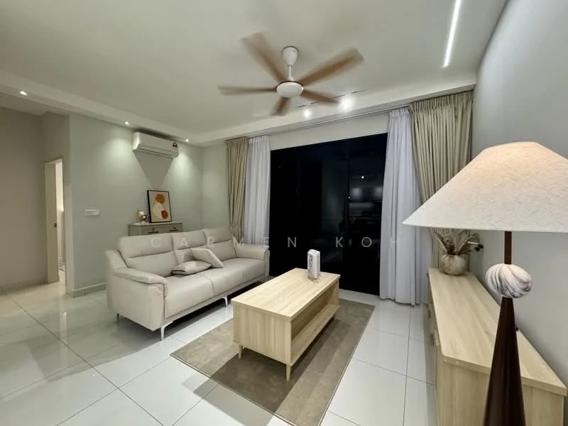 Living features: 3-seater fabric sofa in light grey, coffee table in light wood, area rug with neutral tones, floor-to-ceiling glass sliding door, sheer curtains, wall-mounted split AC, ceiling fan with light, decorative lamp with marble base, light wood console table, framed artwork on wall, recessed LED downlights, glossy white tile flooring; style: modern.