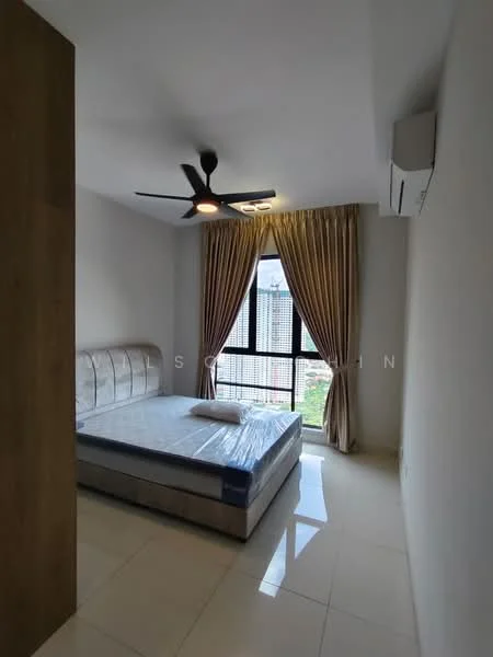 Bedroom features: queen-size bed with mattress protector, upholstered headboard, floor-to-ceiling window, curtains, 5-blade ceiling fan with light, wall-mounted split AC, white painted walls, glossy tile flooring; style: modern; view: garden.