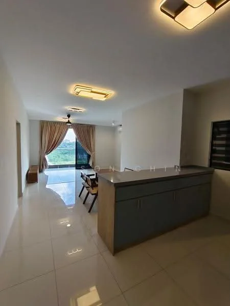 Dining features: white painted walls, glossy ceramic tile flooring, 5-blade ceiling fan with light, recessed LED downlights, dining table with chairs, sliding glass door, curtains, open layout to living area, view of greenery; style: modern; view: garden.