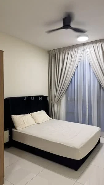 Bedroom features: queen-size bed, upholstered headboard, floor-to-ceiling windows, sheer curtains, blackout curtains, 5-blade ceiling fan, white painted walls, glossy tile flooring, built-in wardrobe; style: modern.