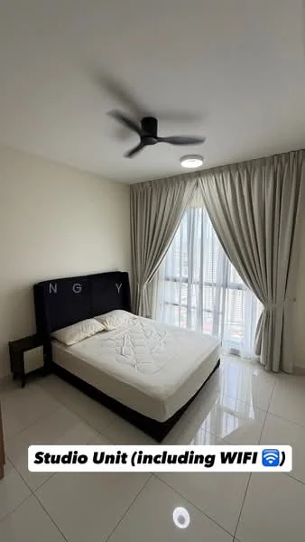 Bedroom features: queen-size bed, upholstered headboard, floor-to-ceiling windows, sheer curtains, 5-blade ceiling fan, recessed downlights, white painted walls, glossy tile flooring; style: modern; view: city.