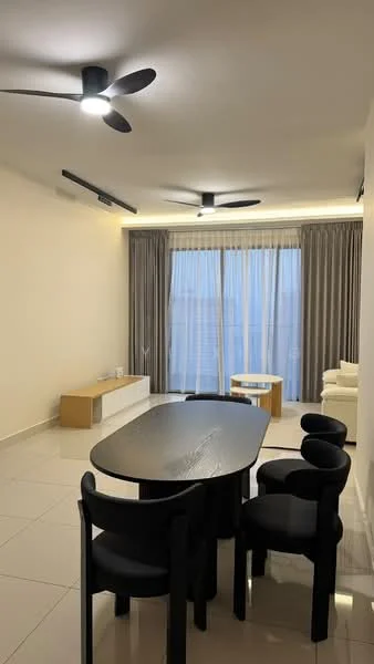 Living features: round black dining table, 4 black dining chairs, white sofa, floor-to-ceiling windows, sheer curtains, black ceiling fan with light, recessed LED downlights, light-colored accent table, cream painted walls, glossy tile flooring; style: modern; view: city.
