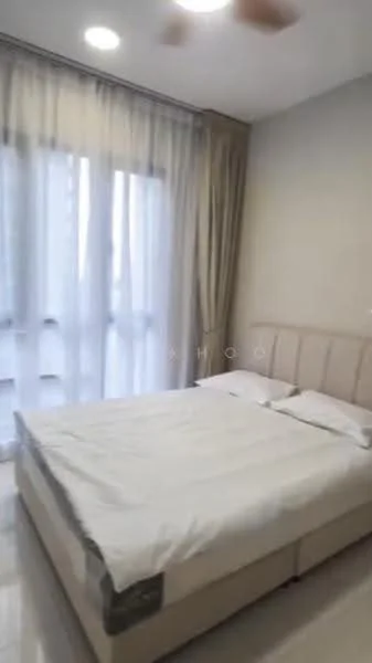 Bedroom features: queen-size bed, upholstered headboard, floor-to-ceiling windows, sheer curtains, light-colored walls, recessed downlights, 5-blade ceiling fan, laminate flooring, decorative wall, neutral bedding; style: modern.