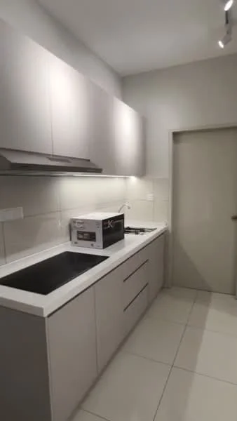 Kitchen features: grey cabinetry, white countertop, single-bowl stainless-steel sink, chrome pull-down faucet, built-in oven, microwave, 4-burner gas hob, tile backsplash, white tiled walls, white tiled flooring, recessed downlights; style: modern.