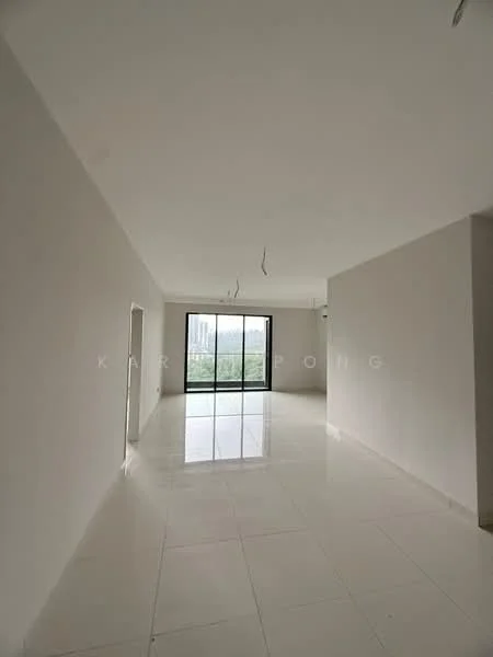 Room features: white painted walls, glossy ceramic tile flooring, floor-to-ceiling windows, natural light from large window, neutral color scheme, open layout, no visible furniture, ceiling lights, unfurnished space; style: modern; view: garden.