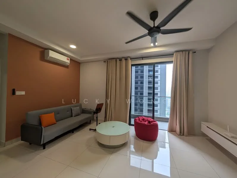 Living features: grey fabric sofa, orange accent cushion, round coffee table with white top, bean bag chair in pink, floor-to-ceiling windows, sliding glass door, curtains in light beige, wall-mounted air conditioning unit, light grey walls, accent wall in terracotta, recessed downlights, ceiling fan; style: modern; view: city.
