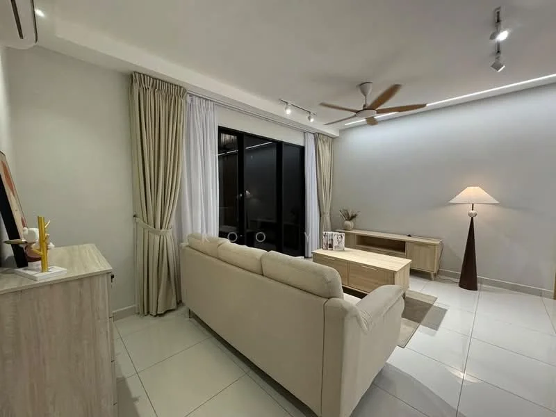 Living features: 3-seater fabric sofa in beige, wooden coffee table, TV console, floor lamp, ceiling fan with light, white painted walls, large sliding glass door, curtains, tile flooring, decorative plant, area rug; style: modern.