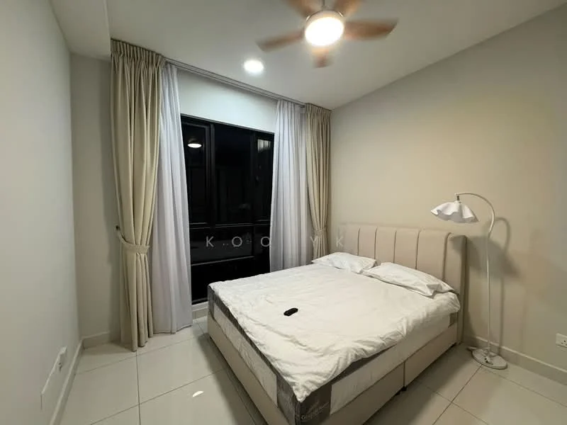 Bedroom features: king-size bed, upholstered headboard, white bedding, floor-to-ceiling window, sheer curtains, light grey walls, white tiled flooring, ceiling fan with light, reading lamp, nightstand; style: modern.