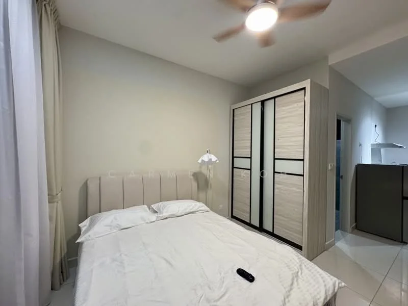 Bedroom features: queen-size bed with upholstered headboard, white bedding, 2 bedside lamps, built-in wardrobe with sliding doors, white painted walls, tile flooring, ceiling fan, curtains, wall-mounted TV, decorative wall light; style: modern.