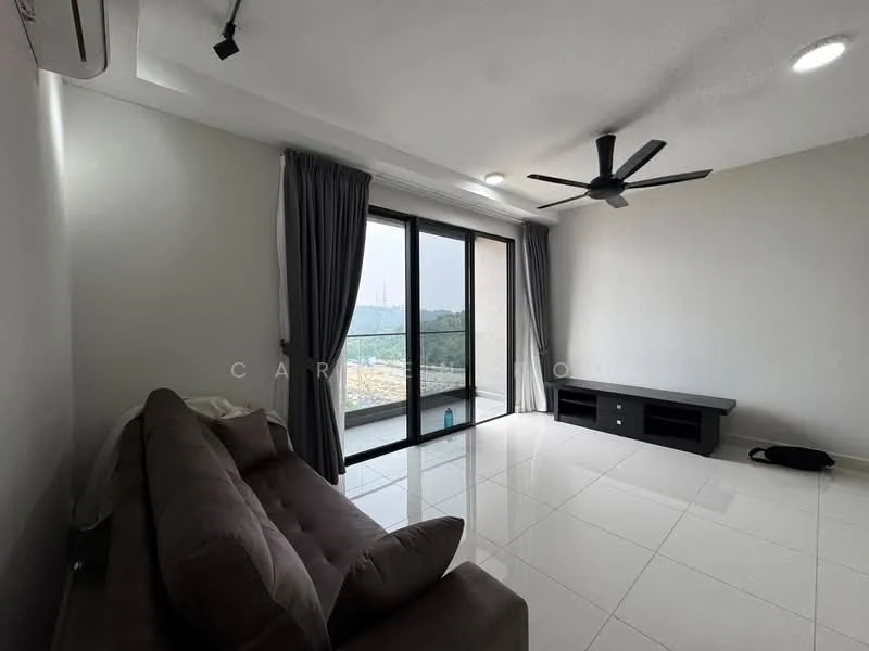 Living features: grey fabric sofa, floor-to-ceiling windows, sliding glass door, black TV console, white tiled flooring, ceiling fan with light, curtains, air conditioning unit, decorative wall, mountain view; style: modern; view: mountain.