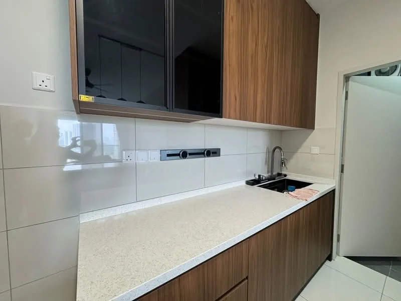 Kitchen features: wood cabinetry, white countertop, single-bowl stainless-steel sink, chrome pull-down faucet, grey tiled backsplash, built-in upper cabinets with glass doors, under-cabinet lighting, tile flooring, wall-mounted power outlets, open layout, neutral color scheme; style: modern.