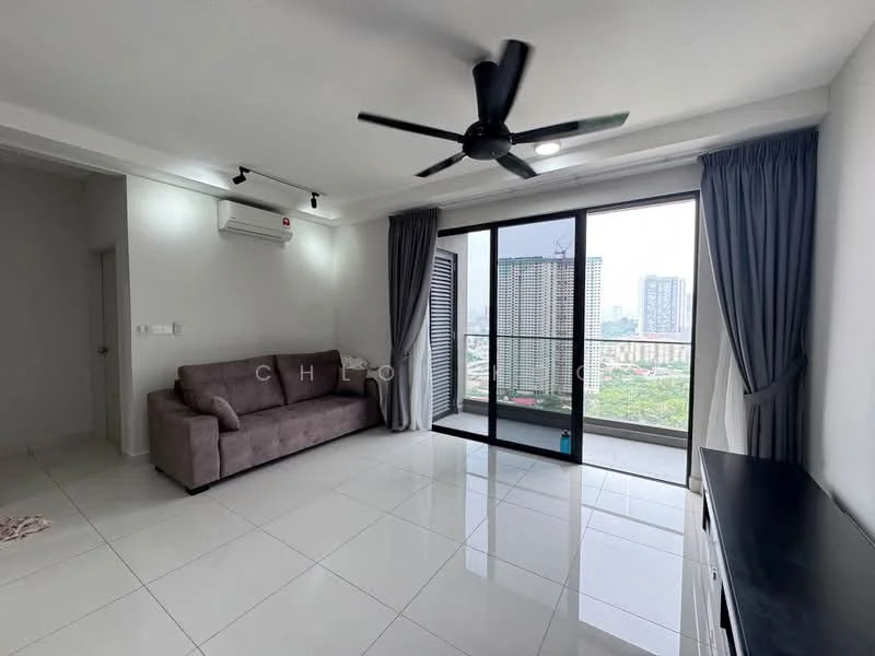 Living features: 3-seater fabric sofa in grey, floor-to-ceiling windows, sliding glass door, white painted walls, polished ceramic tile flooring, ceiling fan with light, curtains, TV console, view of city skyline, air conditioning unit; style: modern; view: city.