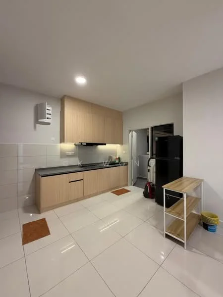 Kitchen features: laminate cabinetry in light wood finish, black countertop, stainless-steel sink, chrome pull-down faucet, built-in oven, freestanding black fridge, white tiled backsplash, ceramic tile flooring, 1 wall-mounted split AC, LED ceiling lights, open shelving unit, waste bin; style: modern.