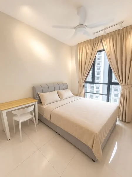 Bedroom features: king-size bed with upholstered headboard, bedding in neutral tones, white walls, recessed downlights, 5-blade ceiling fan, floor-to-ceiling window, sheer curtains, white tiled flooring, small wooden desk, white chair; style: modern; view: city.